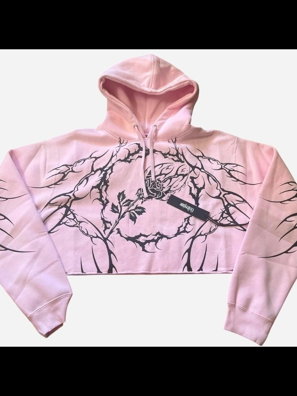 Pink Cropped Hoodie with Black Thorn Rose Graphic
